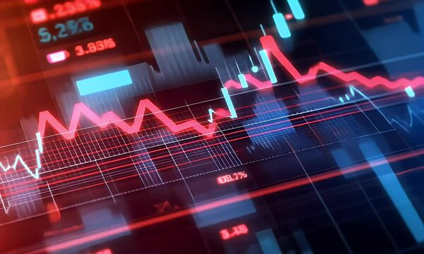 
Close-up of a heart monitor line graph, a digital stock market chart with red and blue colors, and a blurred background of financial symbols,