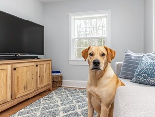 Labrador Dog Relaxing in a Cozy Living Room with Modern Decor and Comfort