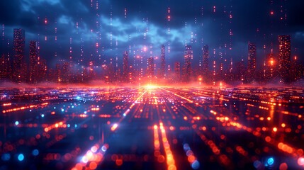 Fototapeta premium A futuristic city landscape illuminated by glowing orange and blue lights at dusk
