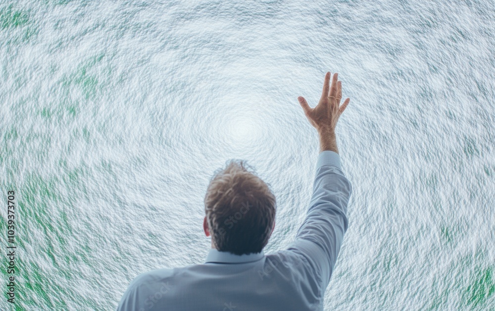 Poster Man Analyzing Swirling Patterns on Digital Screen in High-Tech Studio Concept of Innovation and Nature