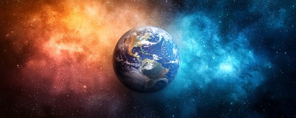 Obraz premium A vibrant cosmic scene featuring Earth surrounded by colorful space, blending shades of orange and blue, evoking a sense of wonder and exploration.