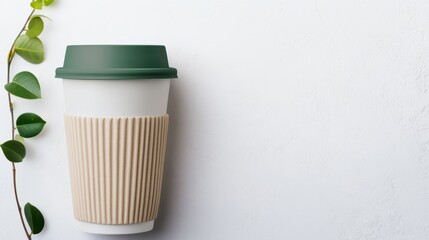 A minimalistic image of a coffee cup beside a green plant on a white background, conveying a calm and refreshing vibe.