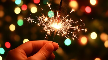 Hand Holding a Bright Sparkler in Festive Lighting