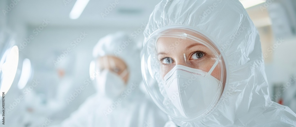 Poster team of engineers in sterile laboratory suits working on technological innovations