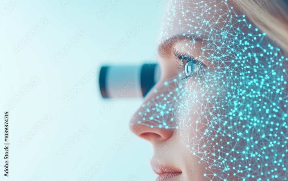 Aufkleber futuristic woman observing space with ai-enhanced telescope in high-tech setting