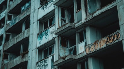 Obraz premium Abandoned Building with Graffiti Urban Landscape