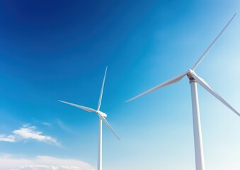 Two wind turbines stand tall against a clear blue sky, symbolizing renewable energy and sustainable technology.