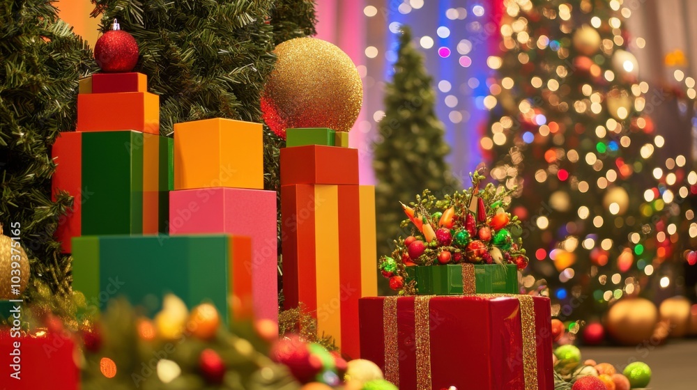 Poster a festive holiday scene with blocks used in decorative displays, blocks arranged in festive holiday 