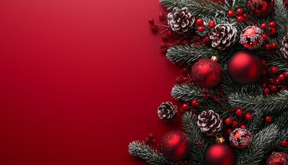 A festive arrangement of red ornaments, pine cones, and greenery against a rich red background, creating a warm holiday atmosphere.