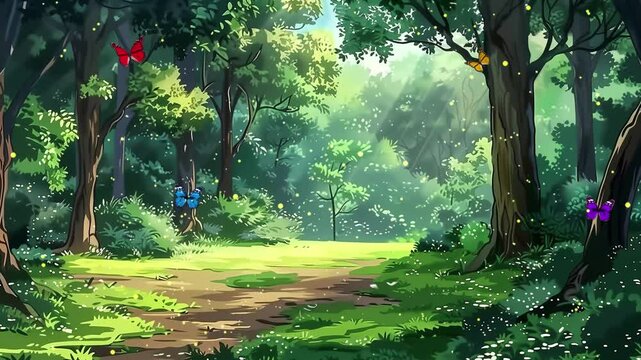 anime cartoon style woodland forest background nature fantasy concept seamless looping overlay 4k virtual video animation background