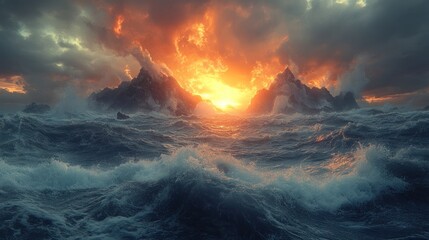 Dramatic sunset over turbulent ocean waves and rugged mountains.