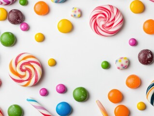 Vibrant and Colorful Assortment of Candies and Lollipops Scattered in a Captivating Circular Pattern on a Clean White Background with a Professional and Editorial Aesthetic