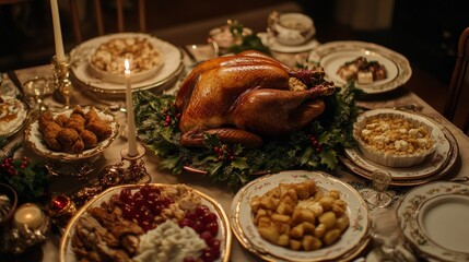 Lavish Christmas Feast with Turkey and Festive Dishes