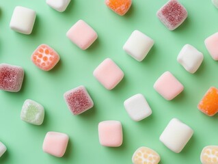 Flat lay shot of a variety of colorful marshmallows and fruit flavored candies scattered randomly on a pastel green background