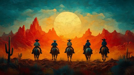 Cowboys Riding Under a Desert Moon