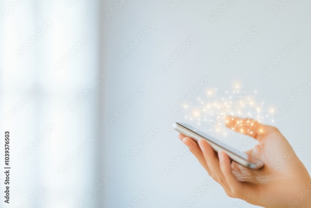 Aufkleber Hands Holding Smartphone with Digital Network Overlay Exemplifying Modern Connectivity and Smart Living