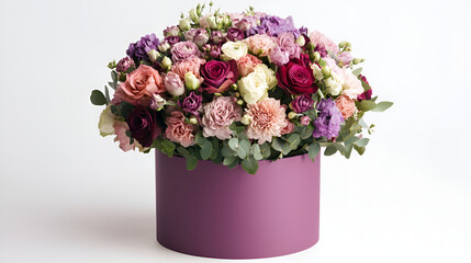 Fototapeta premium purple round hat box of different flowers arrangement of white Orchid, red Carnation, green Chrysanthemum, isolated on white background