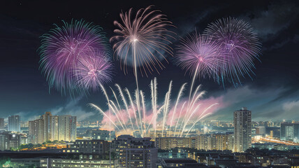 Fototapeta premium stunning display of colorful fireworks lighting up night sky over city skyline, creating festive atmosphere. vibrant bursts of pink and white illuminate buildings below, celebrating special occasion