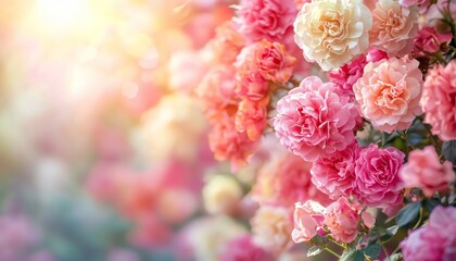 A vibrant display of pink and peach roses bathed in soft sunlight, creating a serene and enchanting floral scene.