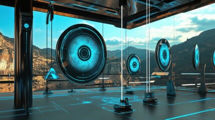 A futuristic archery range in a virtual reality simulation, Archery targets and equipment in a digital landscape, Cyberpunk style