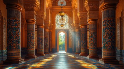 Intricate architectural hallway with ornate columns and warm lighting.