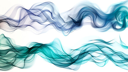 Fototapeta premium Delicate swirls of blue and teal vapor gracefully dance across a white background