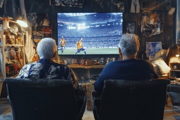 Elderly Couple Watching Football at Home Surrounded by Memorabilia and Snacks