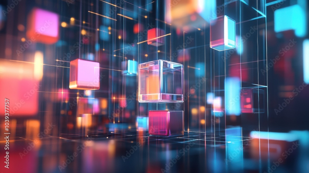 Poster A futuristic block-building scene with holographic building blocks in a digital cityscape, Digital cityscape style, photo of
