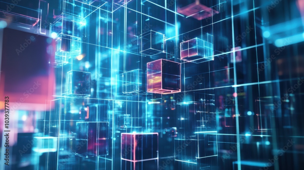 Poster a futuristic block-building scene with holographic building blocks in a digital cityscape, digital c
