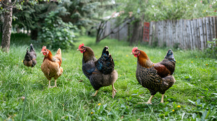 Fototapeta premium Hens feeding outside in the grass yard