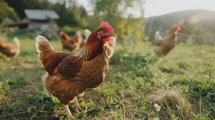 Fototapeta premium Hens feeding outside in the grass yard