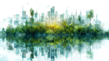 A vibrant city skyline rises above a lush green oasis reflecting in tranquil waters