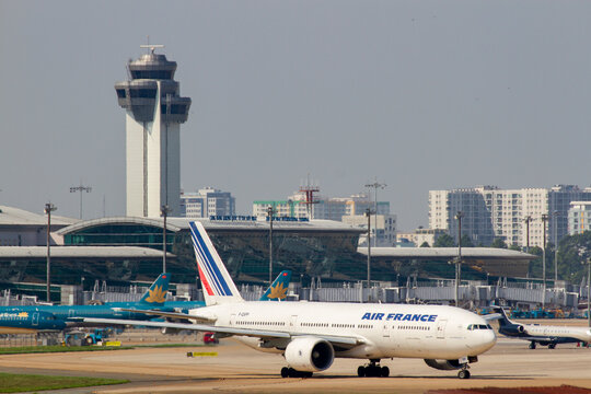 Ho Chi Minh City, Vietnam - &lrm;&lrm;&lrm;October 27, 2019 : Air France Boeing 777-228(ER) (Reg F-GSPP) Preparing For Take Off At Tan Son Nhat International Airport.