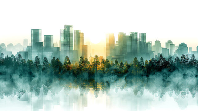 A tranquil sunrise over a misty cityscape blending nature and urban life - Powered by Adobe