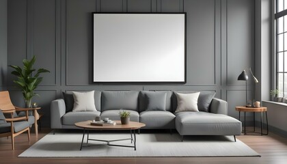 A modern living room with a large gray sectional sofa, a wooden coffee table, and a framed blank wall art on the gray wall.