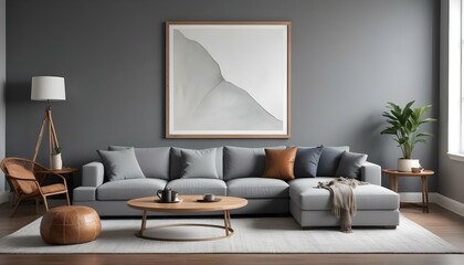 A modern living room with a large gray sectional sofa, a wooden coffee table, and a framed blank wall art on the gray wall.
