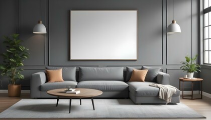 A modern living room with a large gray sectional sofa, a wooden coffee table, and a framed blank wall art on the gray wall.