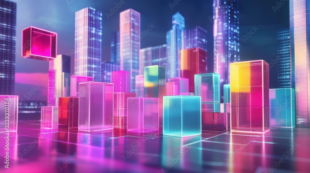 Poster A futuristic block-building scene with holographic building blocks in a digital playground, Digital playground style, photo of