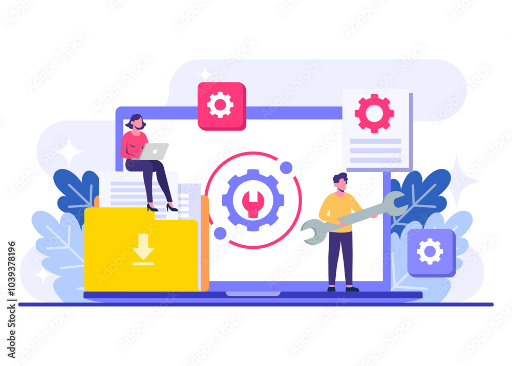 Wall mural system maintenance flat vector illustration, error, fixing trouble, device updating, software system