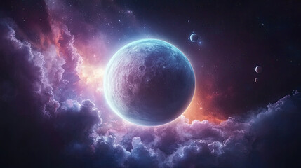 Fototapeta premium Colorful depiction of a planet surrounded by cosmic clouds and stars.