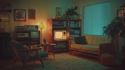 Cozy retro living room with vintage television warm lighting and nostalgic decor for relaxing evenings