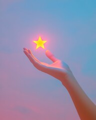 Hand Reaching for Glowing Star in Pastel Sky