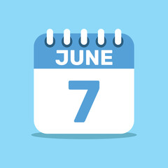 calendar june 7 blue color icon, paper planning design.