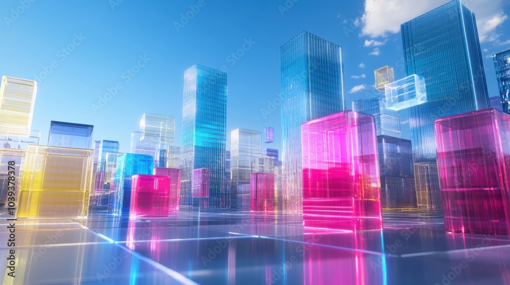 Poster A futuristic block-building scene with holographic building blocks in a digital playground, Digital playground style, photo of