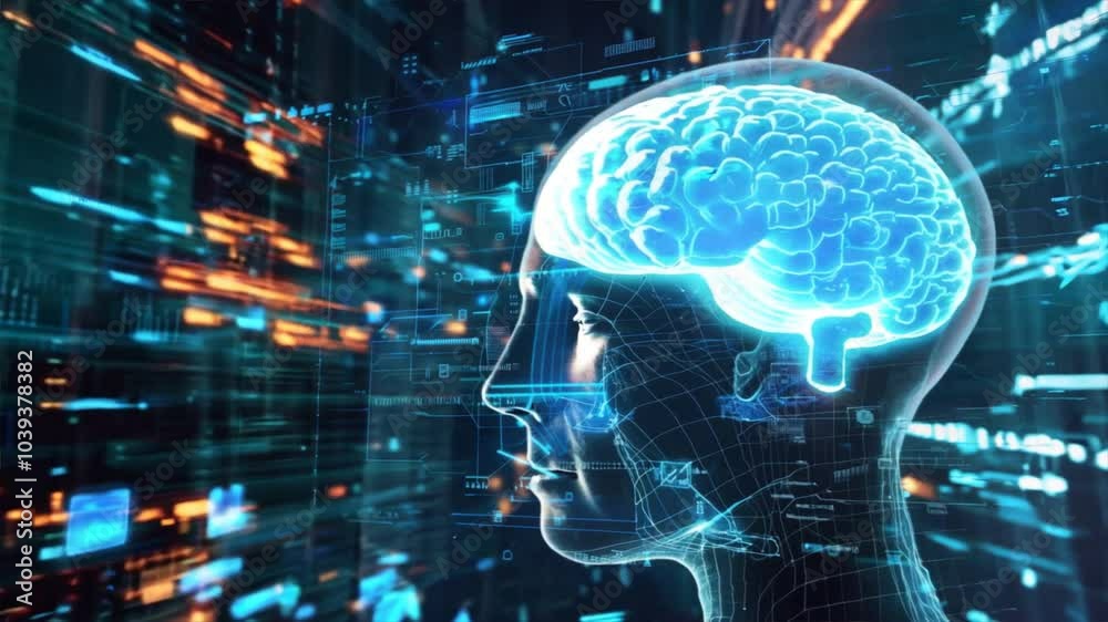 Poster futuristic digital representation of human brain exploring neural circuits, artificial intelligence,
