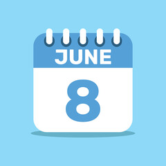 calendar june 8 blue color icon, paper planning design.