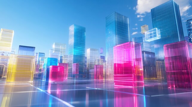 A futuristic block-building scene with holographic building blocks in a digital playground, Digital playground style, photo of