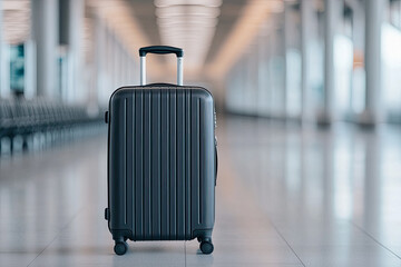 Sleek black suitcase in airport terminal, modern design, empty hall.