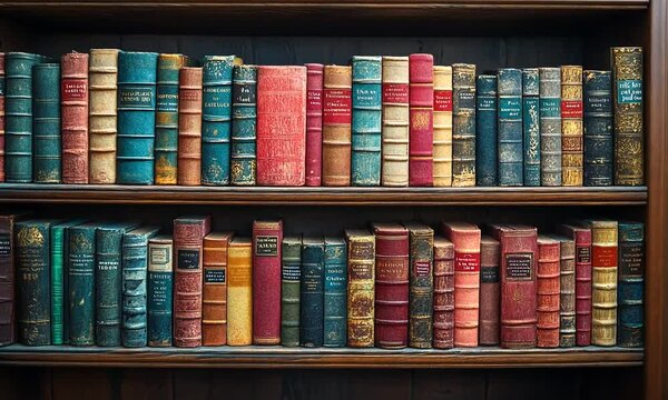 A vintage bookshelf filled with colorful, old leather-bound books.