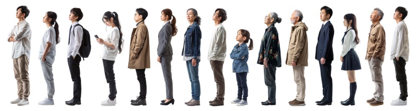 白背景に横を向いて並んでいる人々「AI生成画像」
タイトル変更